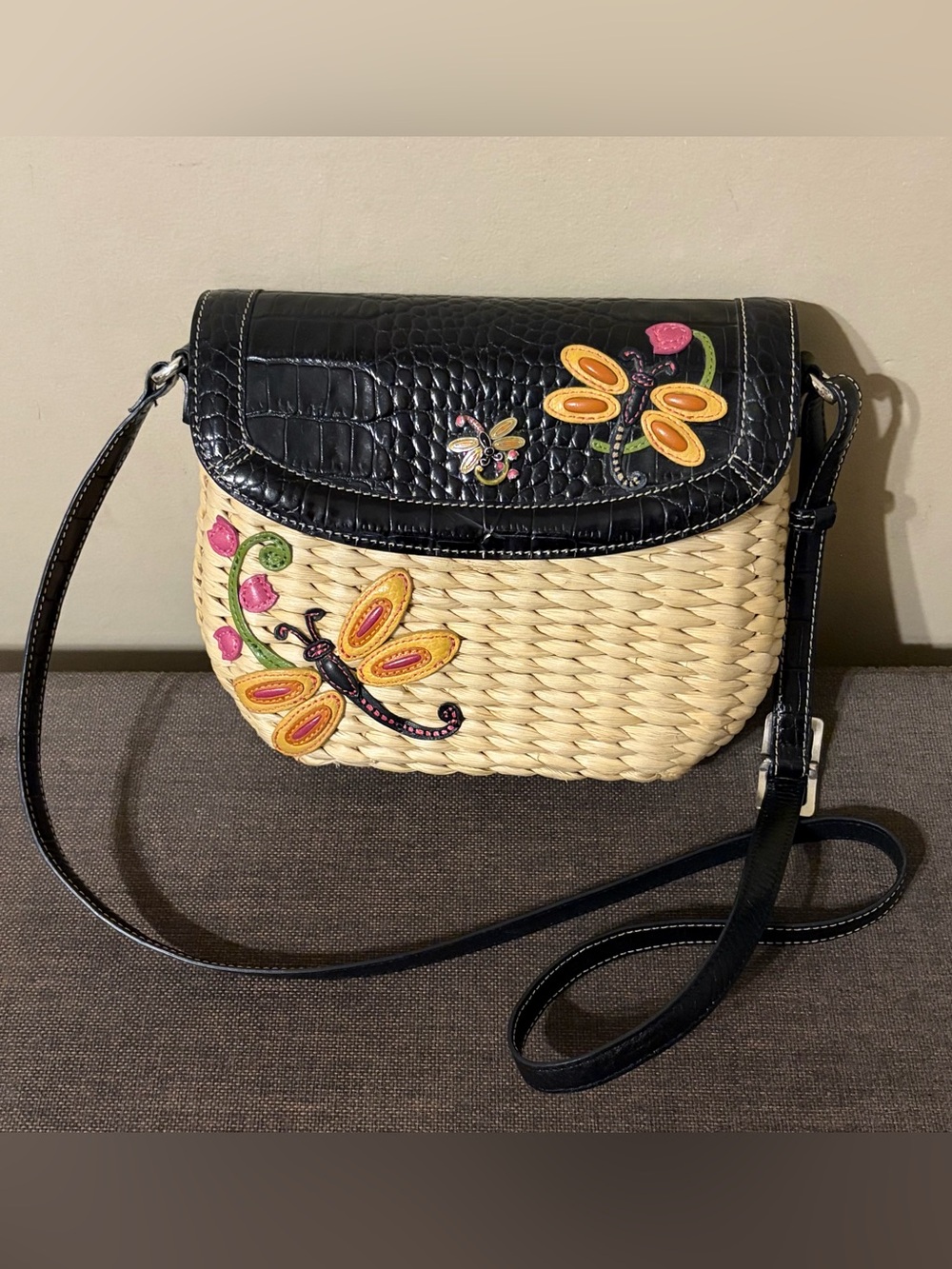 Brighton Black Leather-Trim Woven Crossbody with Floral & Dragonfly Appliqués